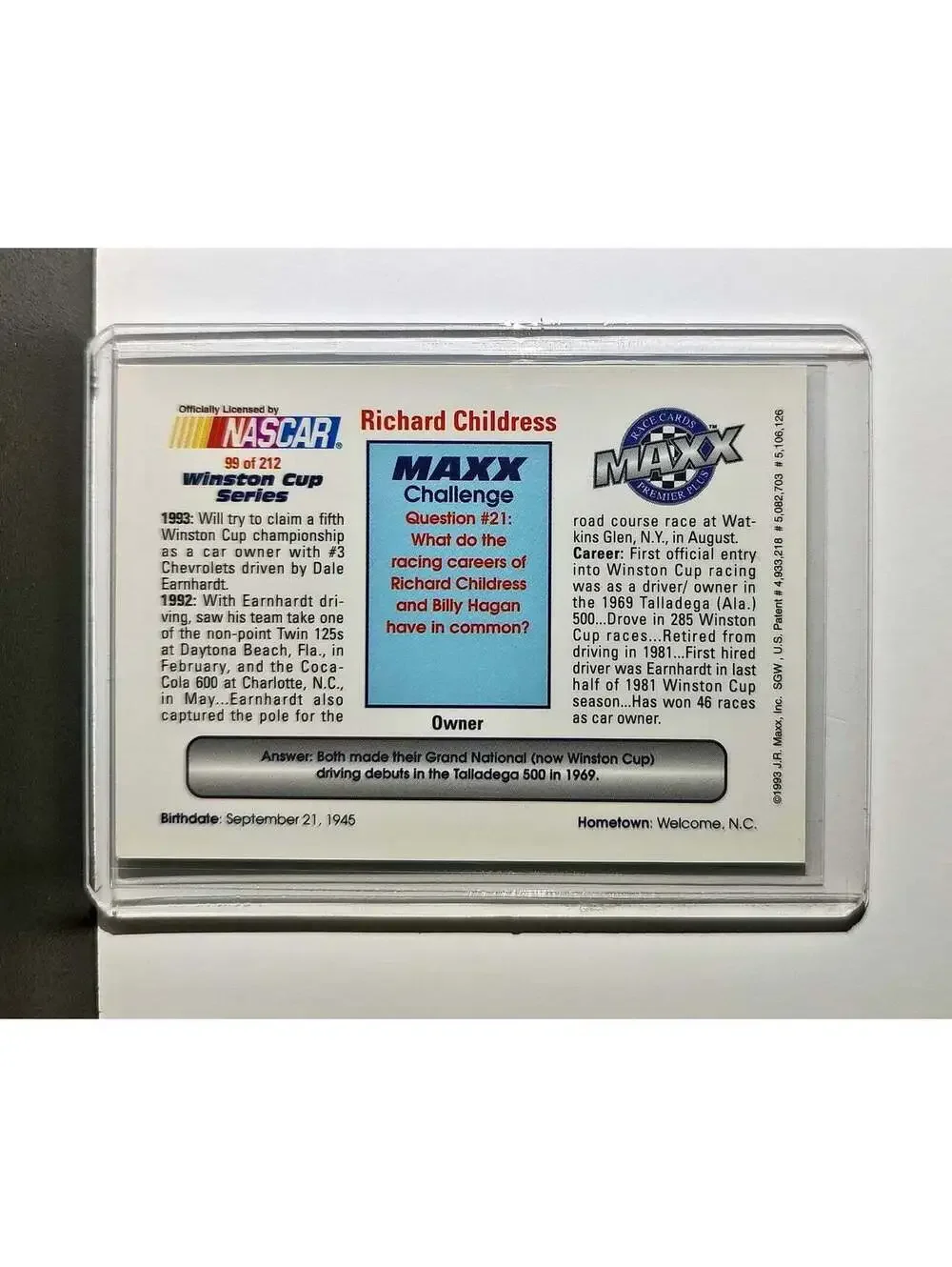 Richard Childress 1993 Maxx Premier Plus Racing #99 NASCAR Card